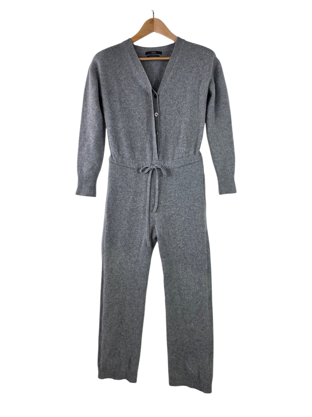 JCLP Knitwear Cashmere Cozy Gray Knit shell Buttons V neck Jumpsuit w/ Waist Tie